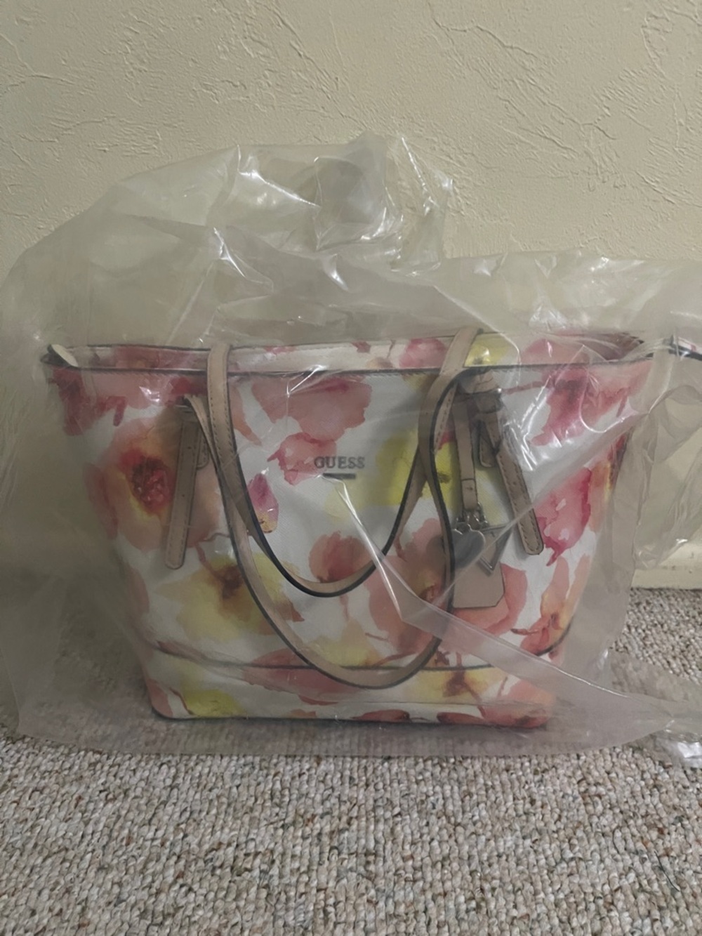 GUESS White Tote Bag with Pink and Yellow Floral Print
